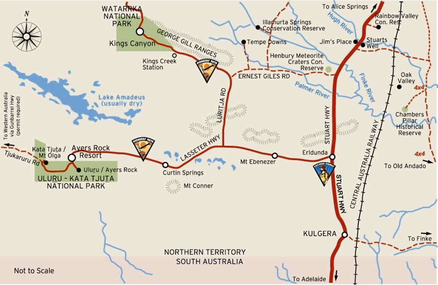 Map of Alice Springs by road to Ayers Rock Resort at Yulara Australia  - Credits NTTC