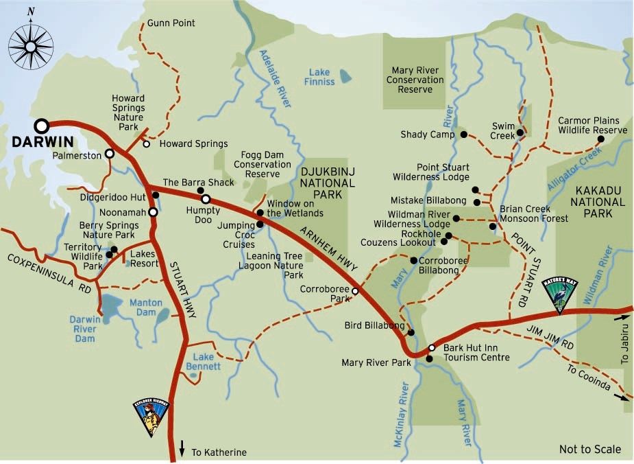 Map of Darwin to Alice Springs | this section being Greater Outer Darwin  section going on the Stuart Highway  Adelaide River to Katherine  - Credits NTTourism Commission