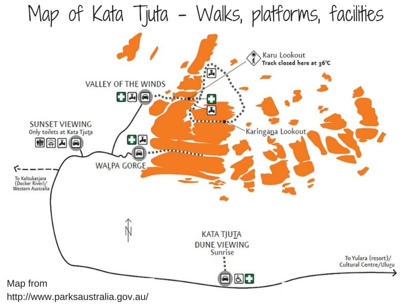 Map of Kata Tjuta walks along with the sunset and sunrise viewing platforms asl well as facilities | Credits ParksAustralia