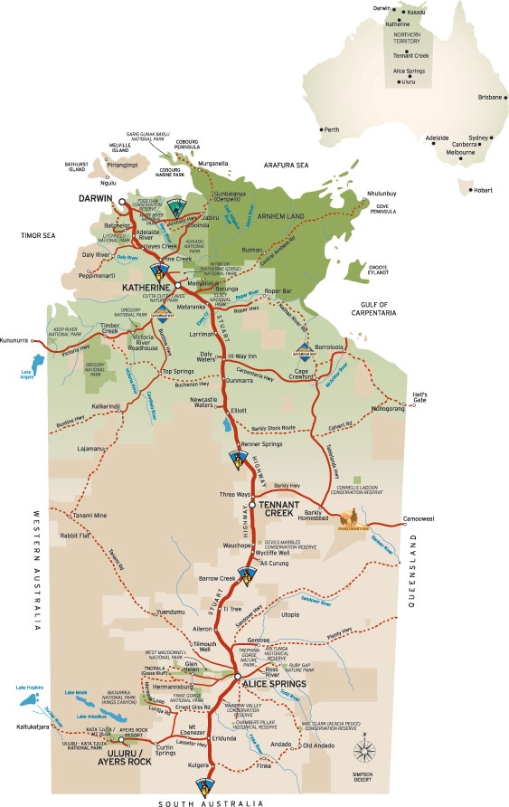 Map of the Stuart Highway in Northern Territory from Alice Springs to Darwin Australia