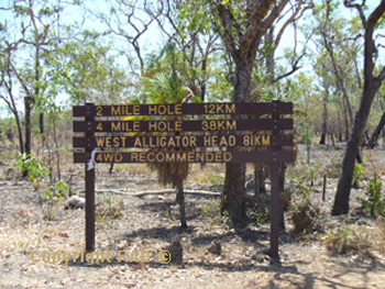 Road sign for 2 Mile Hole, 4 Mile Hole, West Alligator Head 81km, 4wd recommended  |  Credits RAB